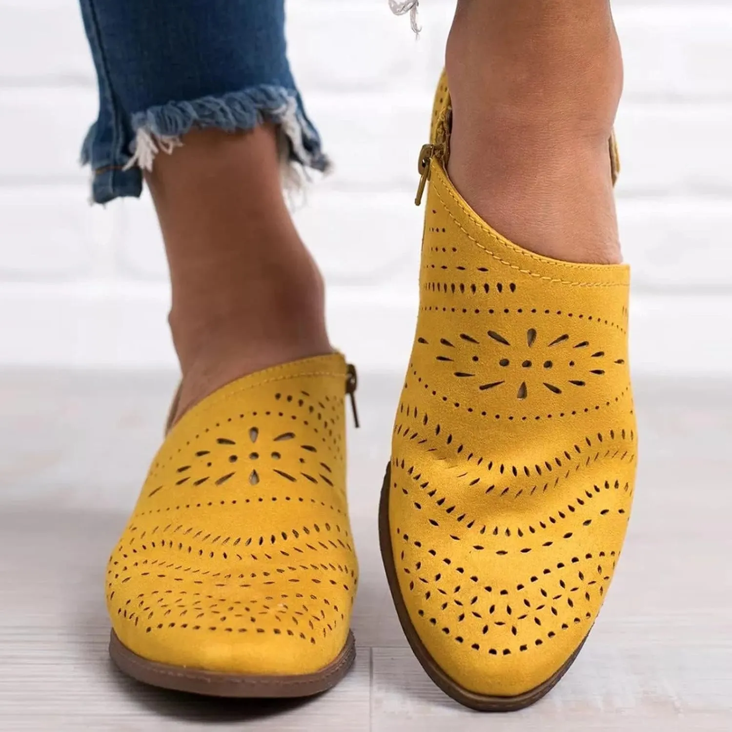 Women's Booties Boho Round Toe Hollow Out V Cut Slip On Chunky Mid Heels Ankle Boots Bohemian Beach Travel Sandals Shoes