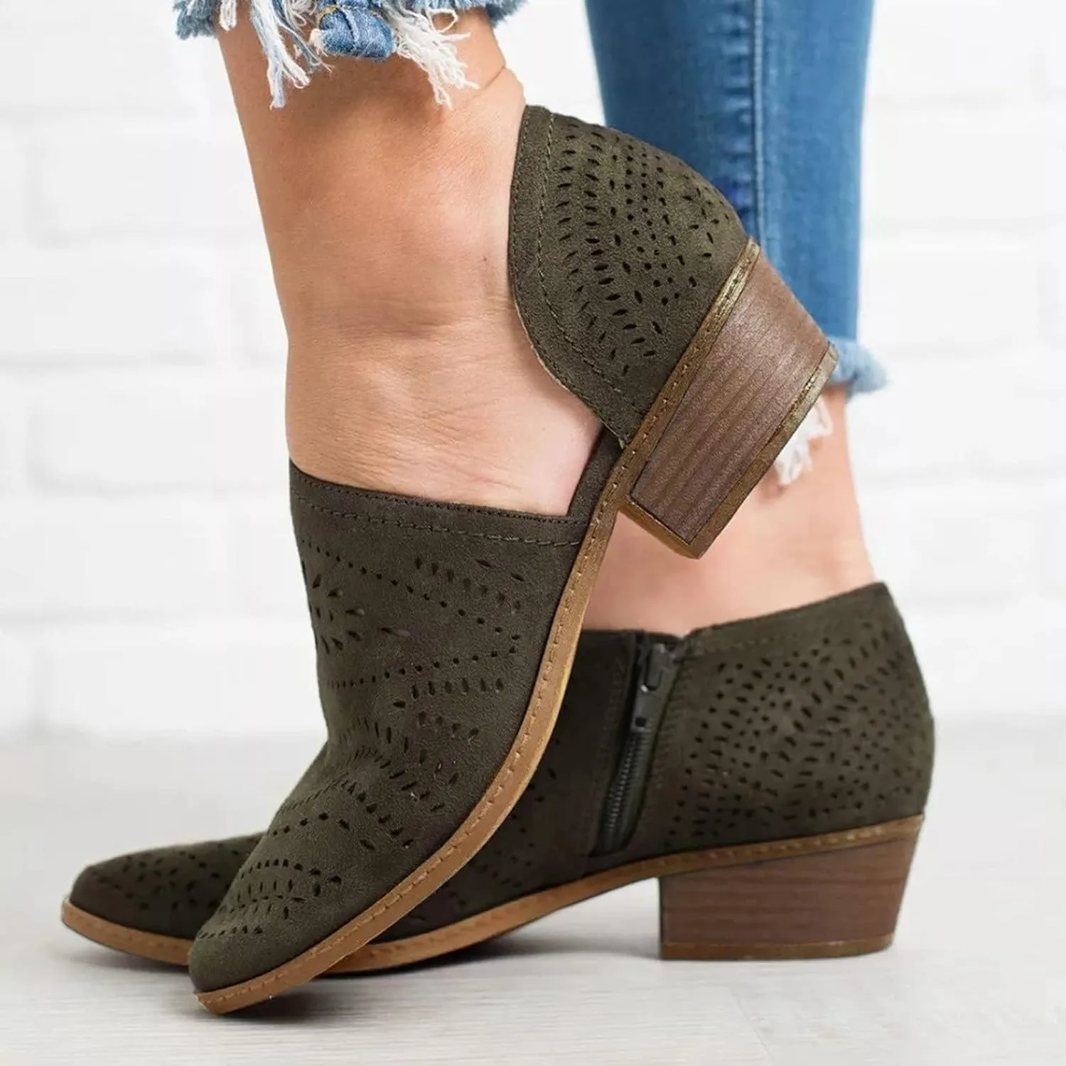 Women's Booties Boho Round Toe Hollow Out V Cut Slip On Chunky Mid Heels Ankle Boots Bohemian Beach Travel Sandals Shoes