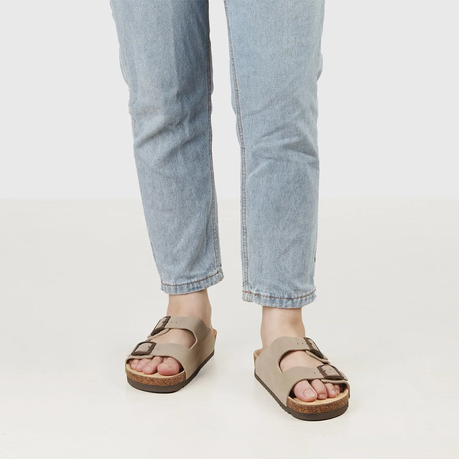 Women's Flat Sandals Cork Footbed 2 Straps Slide Sandal with Adjustable Buckle Slip on Slippers