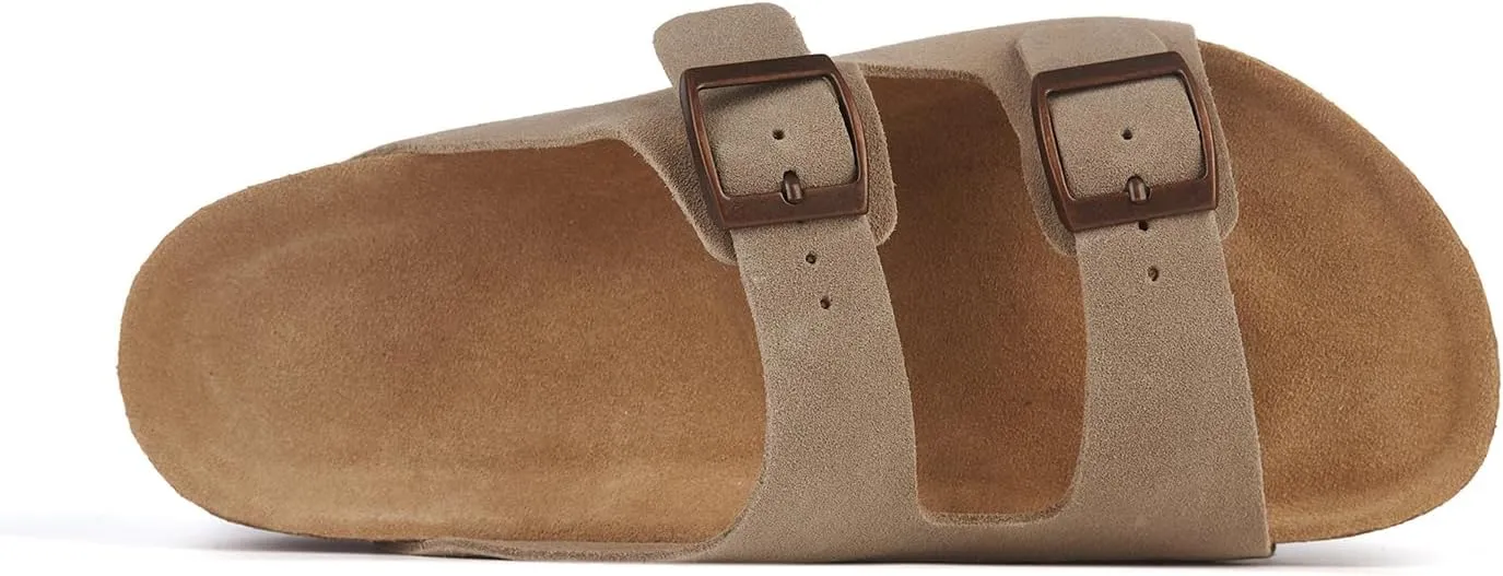 Women's Flat Sandals Cork Footbed 2 Straps Slide Sandal with Adjustable Buckle Slip on Slippers