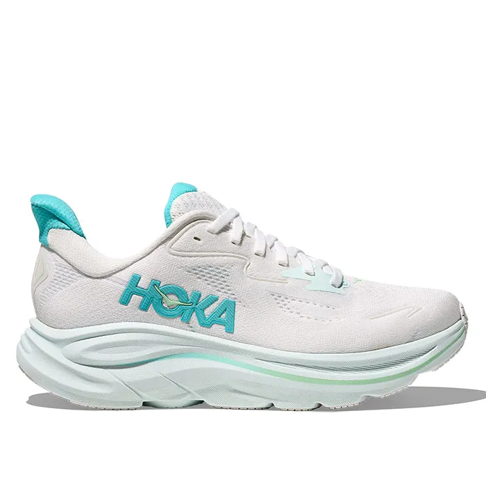 Womens Hoka Clifton 10 Wide in White/Cielo Blue