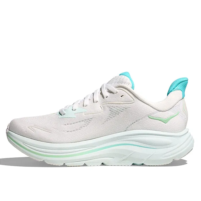 Womens Hoka Clifton 10 Wide in White/Cielo Blue