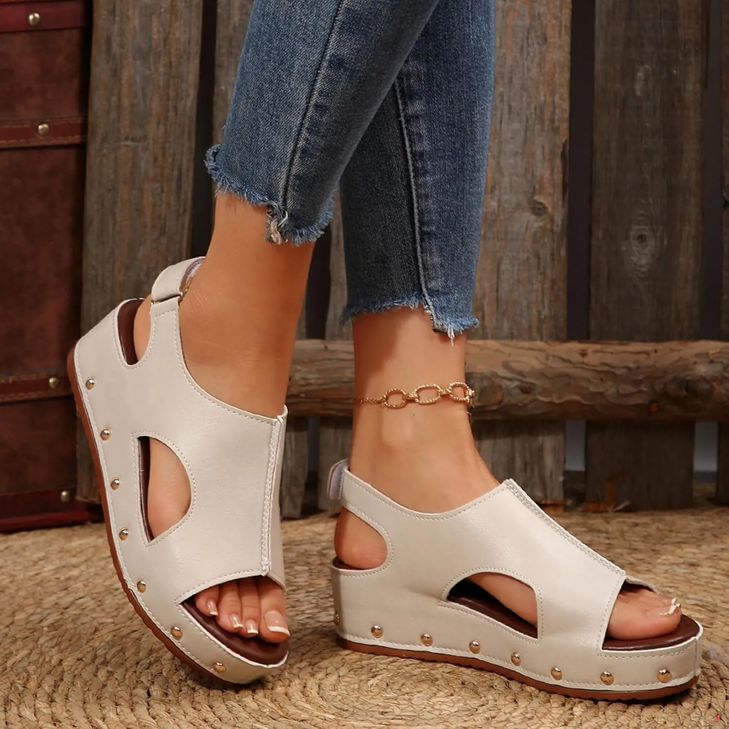 Women's Retro Wedge Sandal - 2 Inch Cushioned Wedge, Hook & Loop Closure for Comfort Style, Perfect Casual Dressy Outfits, All Day Wear Shoe