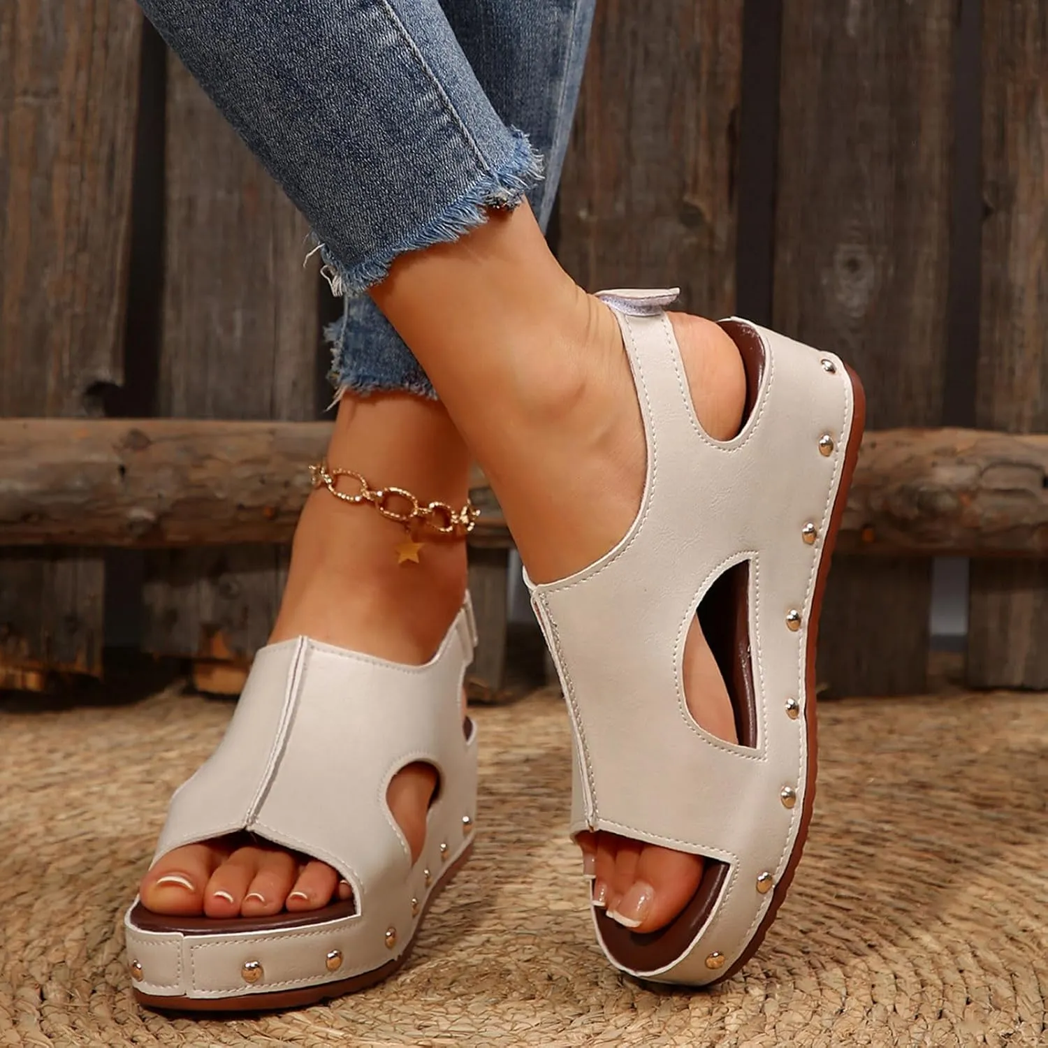 Women's Retro Wedge Sandal - 2 Inch Cushioned Wedge, Hook & Loop Closure for Comfort Style, Perfect Casual Dressy Outfits, All Day Wear Shoe