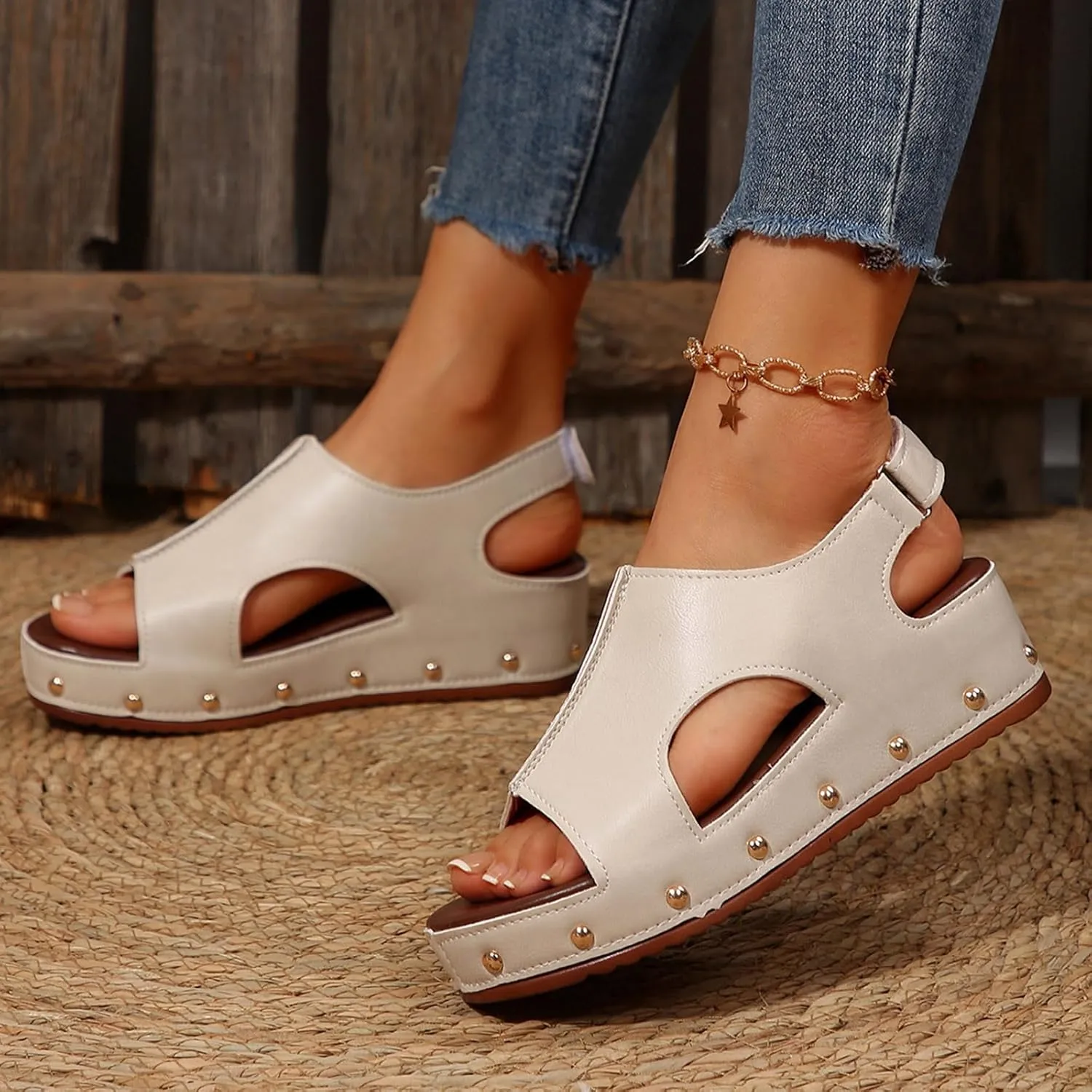 Women's Retro Wedge Sandal - 2 Inch Cushioned Wedge, Hook & Loop Closure for Comfort Style, Perfect Casual Dressy Outfits, All Day Wear Shoe