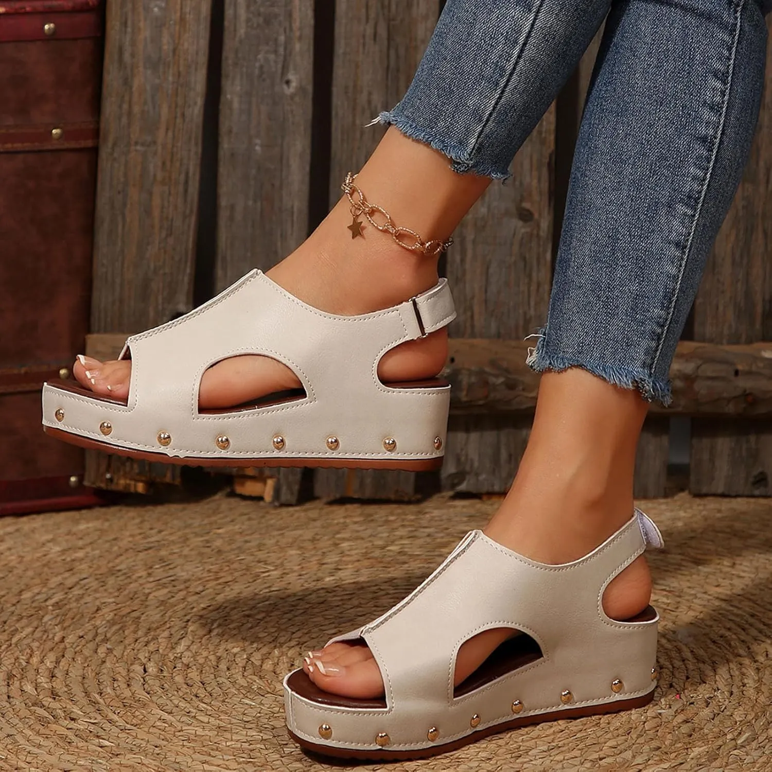 Women's Retro Wedge Sandal - 2 Inch Cushioned Wedge, Hook & Loop Closure for Comfort Style, Perfect Casual Dressy Outfits, All Day Wear Shoe