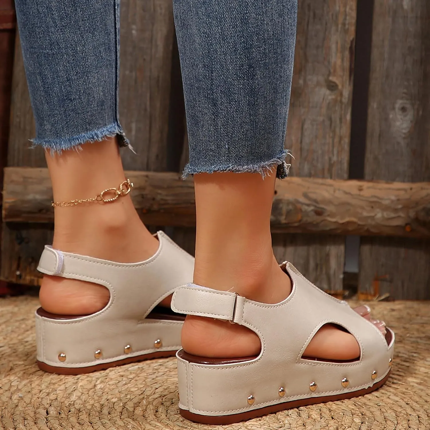 Women's Retro Wedge Sandal - 2 Inch Cushioned Wedge, Hook & Loop Closure for Comfort Style, Perfect Casual Dressy Outfits, All Day Wear Shoe