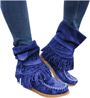 Womens Suede Fringe Ankle Boots Vintage Boho Fringe Tassel Flat Heel Western Cowgirl Boots Retro Ethnic Mid Calf Booties