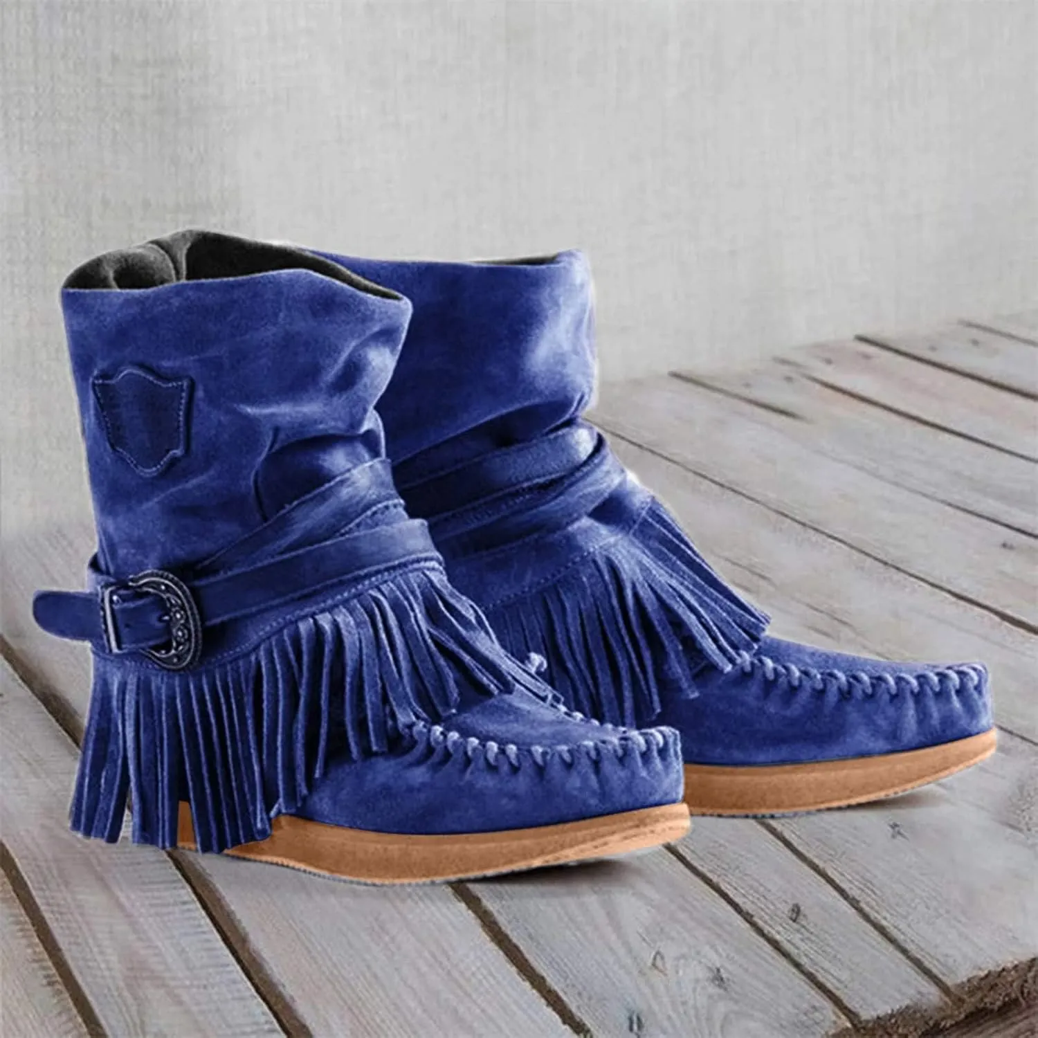 Womens Suede Fringe Ankle Boots Vintage Boho Fringe Tassel Flat Heel Western Cowgirl Boots Retro Ethnic Mid Calf Booties