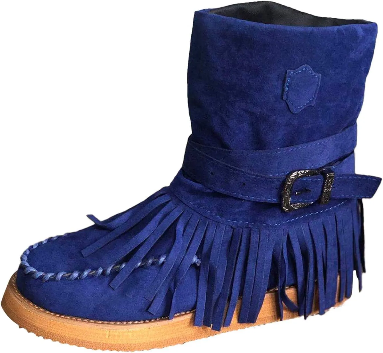 Womens Suede Fringe Ankle Boots Vintage Boho Fringe Tassel Flat Heel Western Cowgirl Boots Retro Ethnic Mid Calf Booties