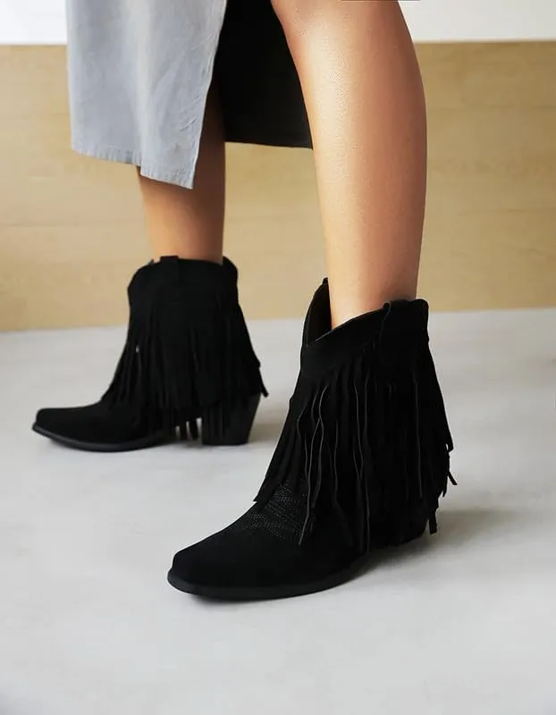Women's Suede Tassel Booties Low Chunky Heel Closed Toe Sewn Moccasin Boots Western Cowgirl Short Ankle Shoes