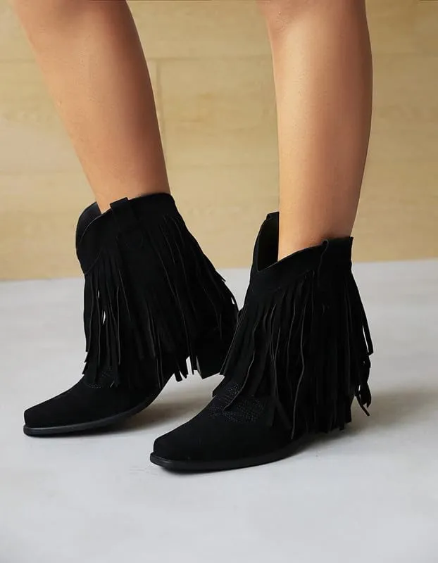 Women's Suede Tassel Booties Low Chunky Heel Closed Toe Sewn Moccasin Boots Western Cowgirl Short Ankle Shoes