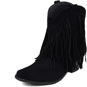 Women's Suede Tassel Booties Low Chunky Heel Closed Toe Sewn Moccasin Boots Western Cowgirl Short Ankle Shoes