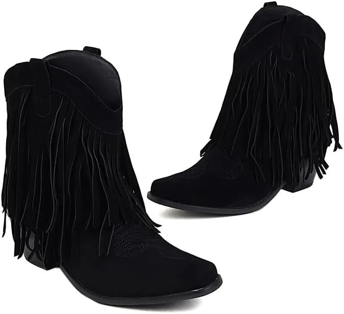 Women's Suede Tassel Booties Low Chunky Heel Closed Toe Sewn Moccasin Boots Western Cowgirl Short Ankle Shoes