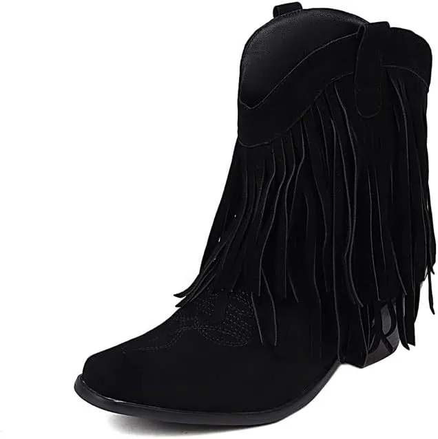 Women's Suede Tassel Booties Low Chunky Heel Closed Toe Sewn Moccasin Boots Western Cowgirl Short Ankle Shoes