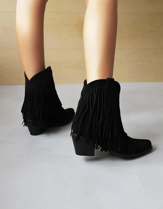 Women's Suede Tassel Booties Low Chunky Heel Closed Toe Sewn Moccasin Boots Western Cowgirl Short Ankle Shoes