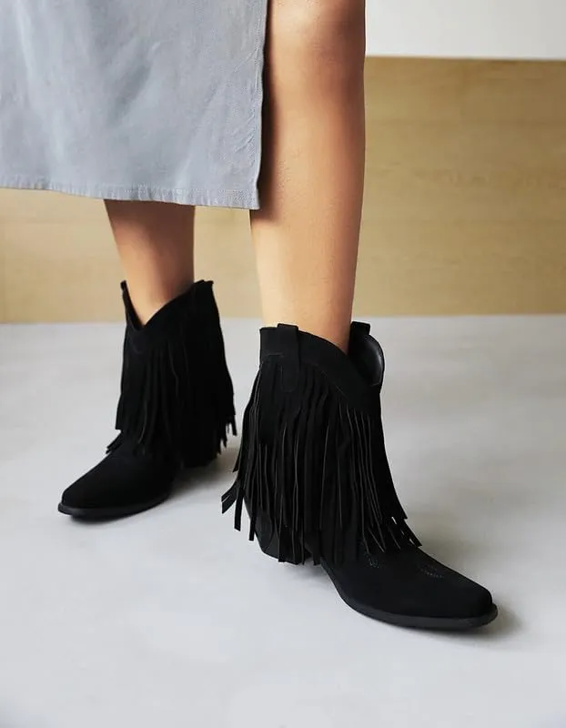 Women's Suede Tassel Booties Low Chunky Heel Closed Toe Sewn Moccasin Boots Western Cowgirl Short Ankle Shoes