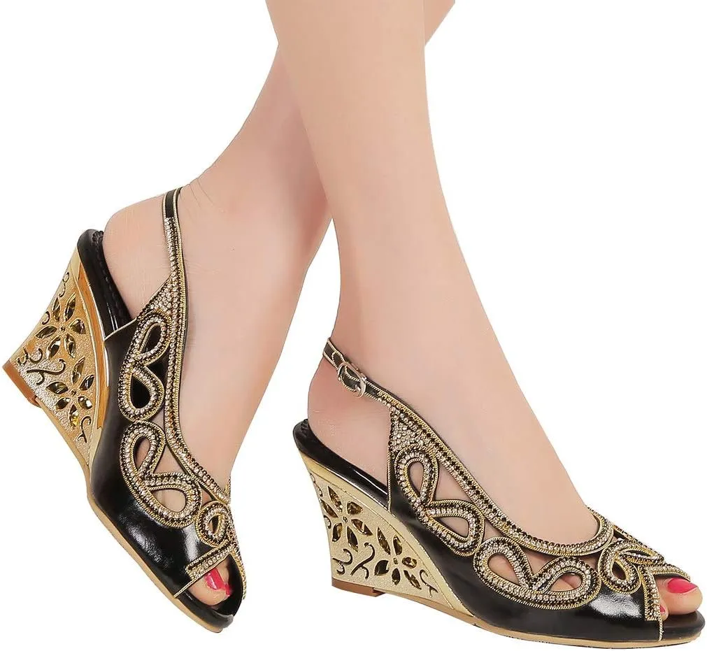 YooPrettyz Women Peep Toe Bridal Wedge Sandals Cutout Crystal Evening Slingback Pumps