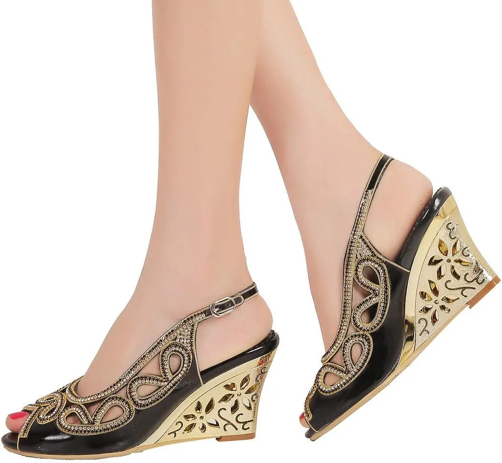 YooPrettyz Women Peep Toe Bridal Wedge Sandals Cutout Crystal Evening Slingback Pumps