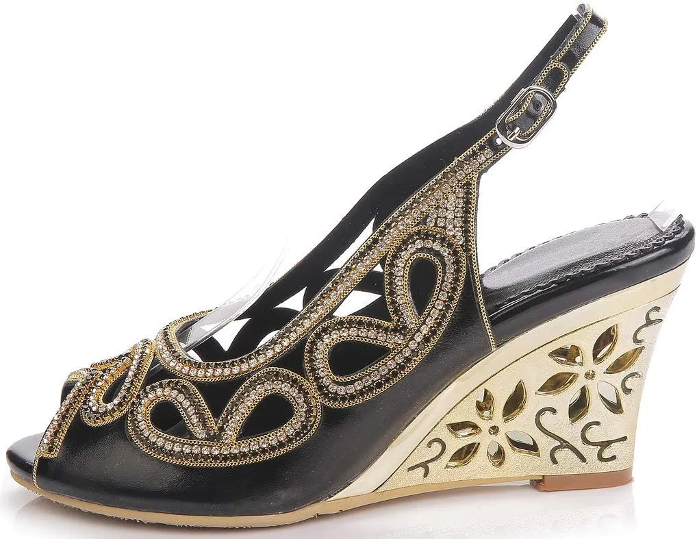 YooPrettyz Women Peep Toe Bridal Wedge Sandals Cutout Crystal Evening Slingback Pumps