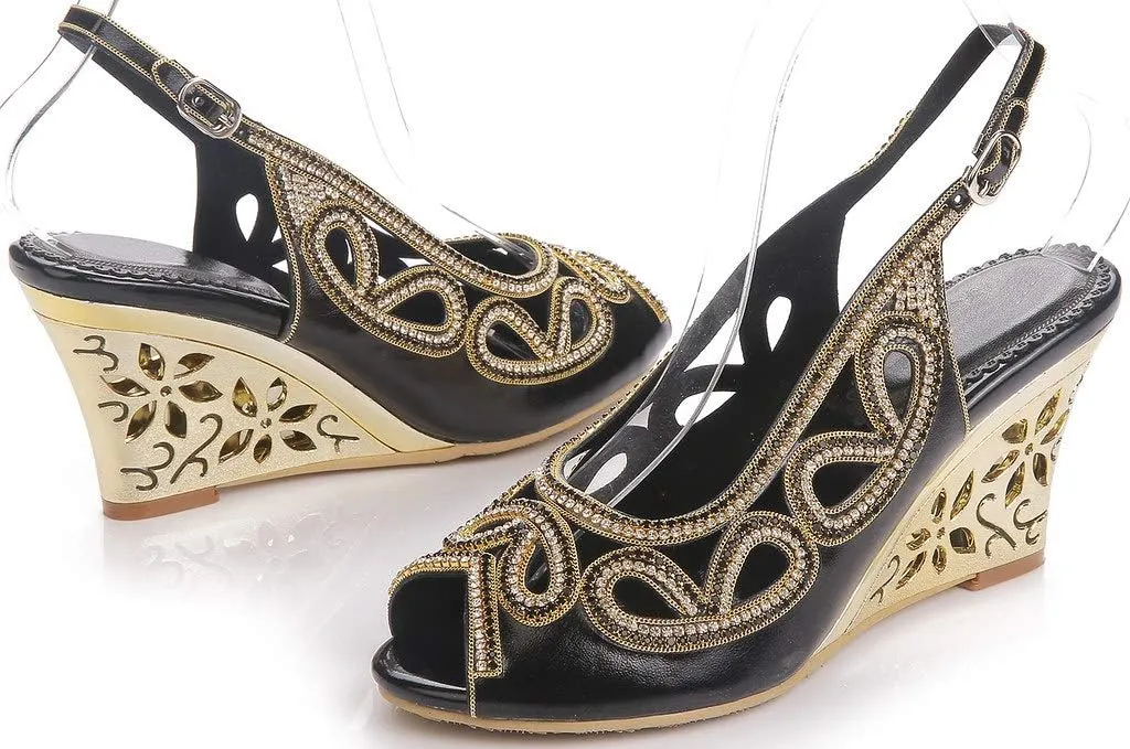 YooPrettyz Women Peep Toe Bridal Wedge Sandals Cutout Crystal Evening Slingback Pumps